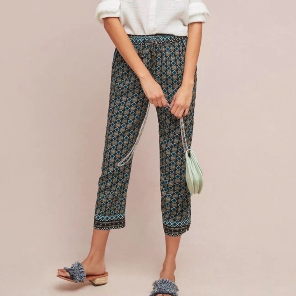 Anthropologie Green Geometric Cropped Pants XS Casual Drawstring Pull On Boho‎
